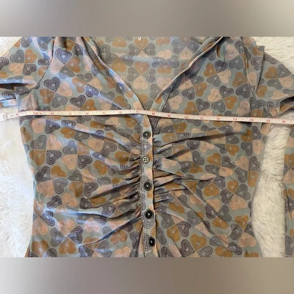 Free People Mesh Rouched Long Sleeve Button Down Blouse Top Heart Print XS - Picture 4 of 7